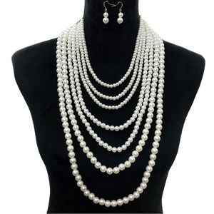 7 Row Layered Pearl Long Statement Necklace Earrings Set